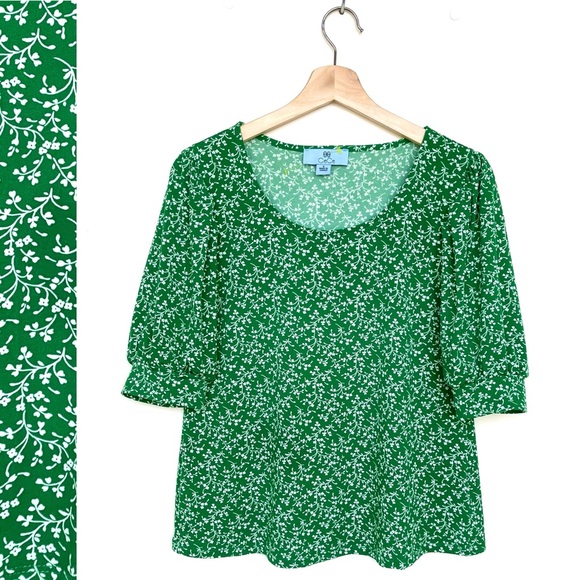 CeCe Blouse Floral Print Short Balloon Sleeve Round Neck Green Lightweig… - Picture 1 of 6